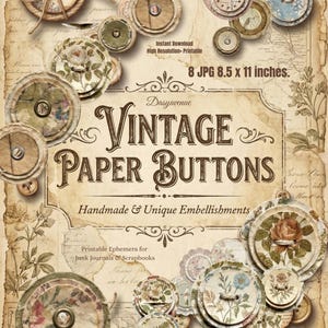 Könnte beinhalten: Eine Sammlung von Vintage-Papierknöpfen mit floralen und botanischen Designs. Die Knöpfe sind in verschiedenen Größen und weisen gealterte Papierstrukturen auf, einige sind mit Bindfäden gebunden. Das Bild enthält Text, der "Vintage Paper Buttons" und "Handmade & Unique Embellishments" lautet.