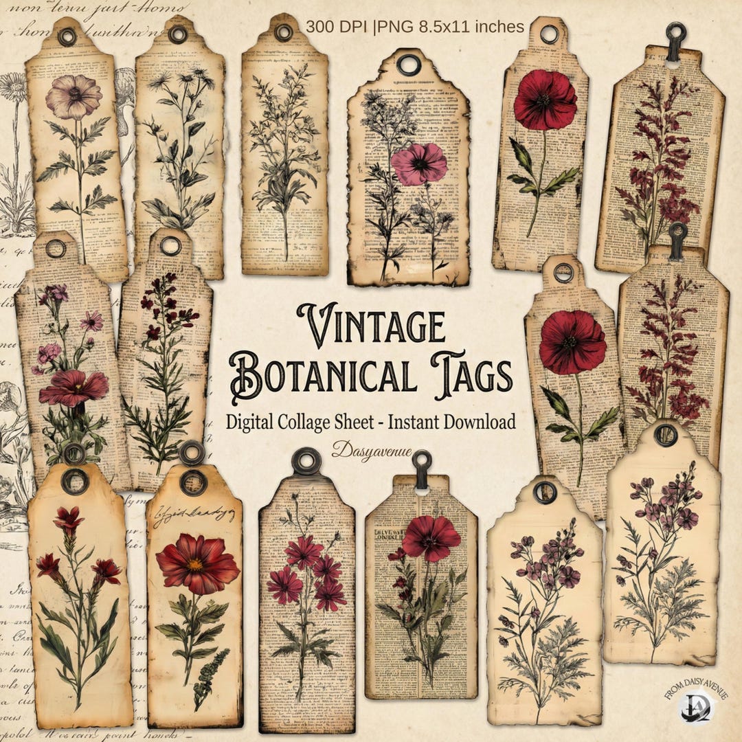Vintage Botanical Tags Printable, Aged Paper Ephemera, Junk Journal ...