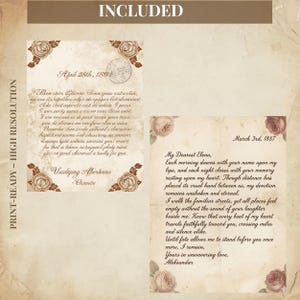 May include: Two vintage-style letter prints with floral accents. One letter is dated April 28th, 1891, and the other March 3rd, 1887. The letters feature handwritten text and decorative rose illustrations, perfect for romantic decor.