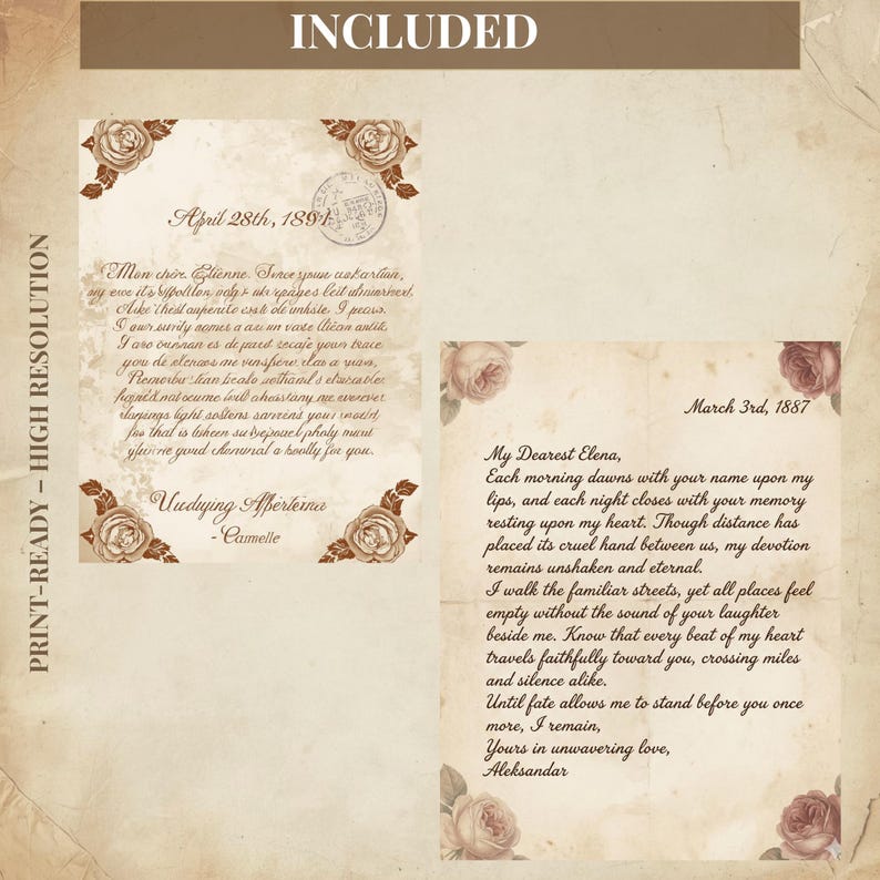 May include: Two vintage-style letter prints with floral accents. One letter is dated April 28th, 1891, and the other March 3rd, 1887. The letters feature handwritten text and decorative rose illustrations, perfect for romantic decor.