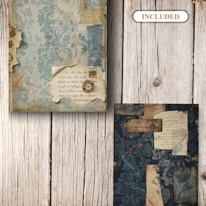 May include: Two vintage-style journal pages with a distressed aesthetic. One page features a blue floral pattern, torn edges, and handwritten text. The second page has a dark blue floral design with layered paper and text. The word "INCLUDED" is in a white oval.