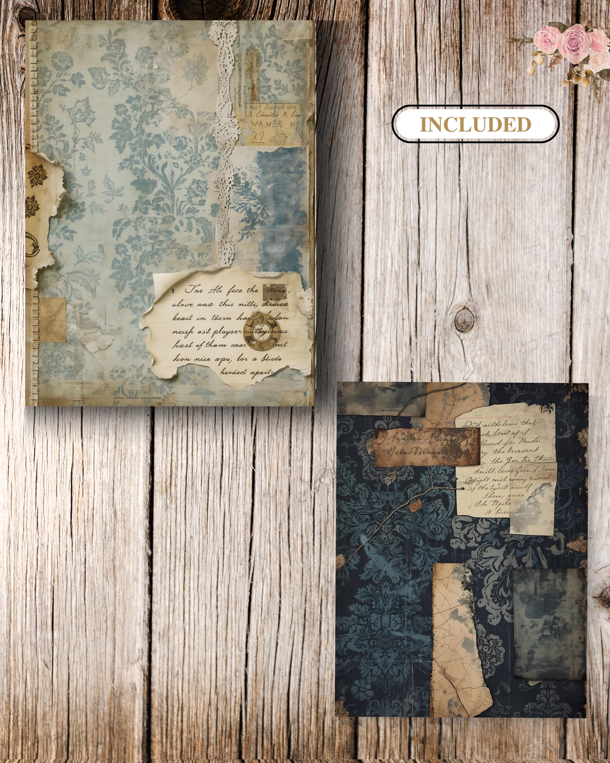 Blue Vintage Junk Journal Pack – Indigo Damask Digital Papers ...