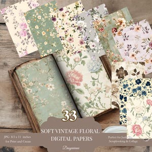 May include: A collection of 33 digital papers featuring soft vintage floral patterns in various colors. The papers are perfect for scrapbooking, collage, and other creative projects. JPG 8.5 x 11 inches for print and create.