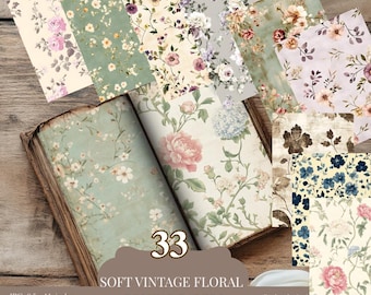 33 Soft Vintage Floral Digital Papers, Antique Flower Backgrounds, Junk Journal Pages, Scrapbooking Kit, Instant Download