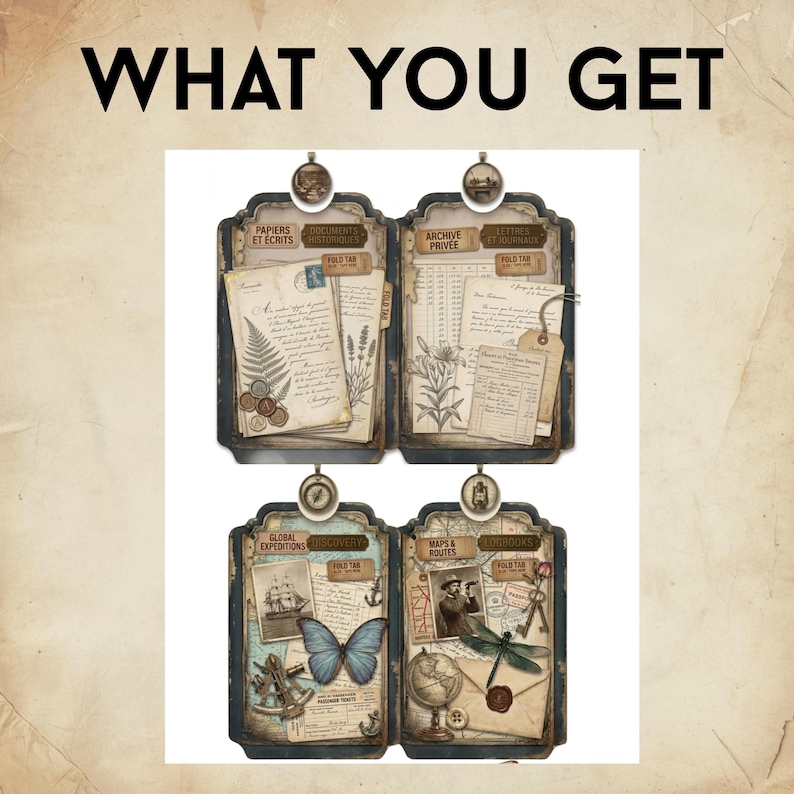 May include: Four rectangular vintage-style display boards featuring the text WHAT YOU GET at the top. Each board contains layered paper ephemera, botanical illustrations, maps, stamps, and small circular charms depicting a compass, lantern, and ship.