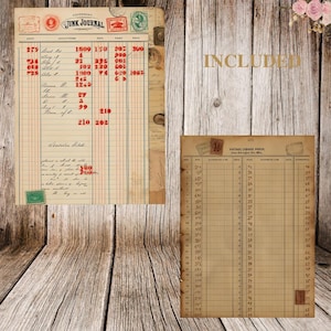 May include: Two vintage ledger papers with handwritten entries and stamps. One page is a junk journal with red ink and the text "JUNK JOURNAL." The other is labeled "VINTAGE LEDGER PAPER."