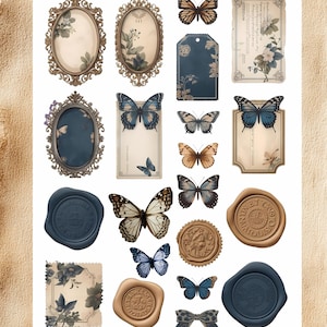 May include: A selection of vintage ephemera with butterflies, ornate frames, tags, and wax seals. The colour scheme includes blues, browns, and cream, with floral and butterfly designs. The word "INCLUDED" is at the top.