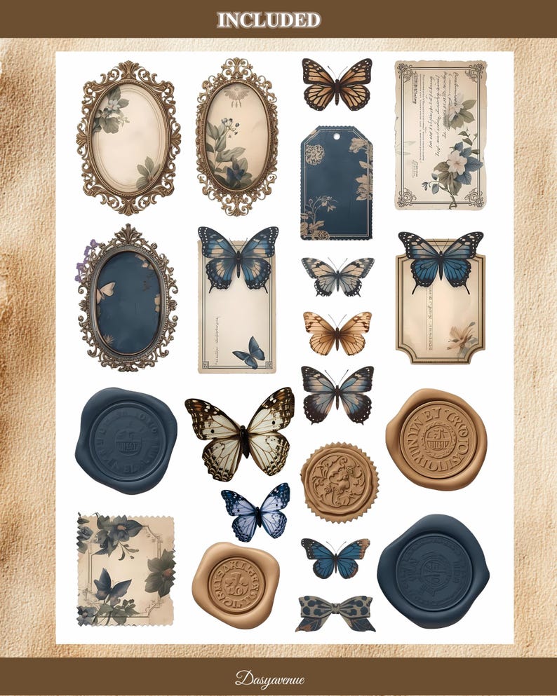 May include: A selection of vintage ephemera with butterflies, ornate frames, tags, and wax seals. The colour scheme includes blues, browns, and cream, with floral and butterfly designs. The word "INCLUDED" is at the top.