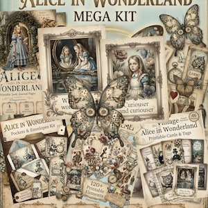 Alice i Underlandet Mega Kit, Utskrivbar Skräppostdagbok, Vintage Alice Ephemera, Dagbokssidor, Etiketter och Kort, Fickor, Kuvert