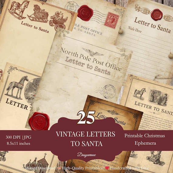 25 Vintage Letters to Santa Printable, Old World Christmas Junk Journal Ephemera, Antique Holiday Paper Pages, Digital Download