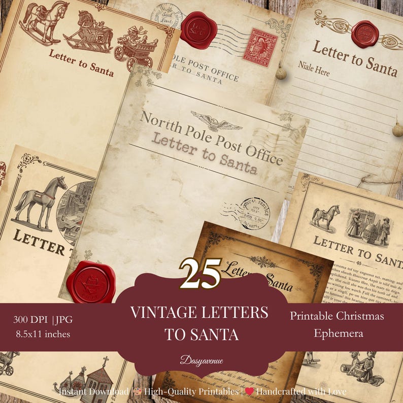 May include: A collection of vintage-style paper sheets with "Letter to Santa" and "North Pole Post Office" text. The papers have a sepia tone, with illustrations of horses, carriages, and stamps. Includes a red wax seal and the text "25 Vintage Letters to Santa".