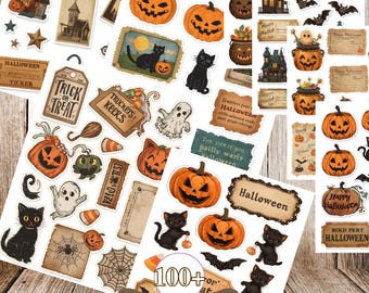 May include: A collection of vintage-style Halloween ephemera stickers featuring illustrations of jack-o'-lanterns, black cats, ghosts, bats, haunted houses, cauldrons, spider webs, and various decorative labels with text including Trick or Treat.