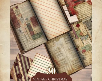 Vintage kerstdagboekpagina's om af te drukken – Antieke grootboek- en lakzegelpapierachtergronden voor junk journals, scrapbooking en collages.
