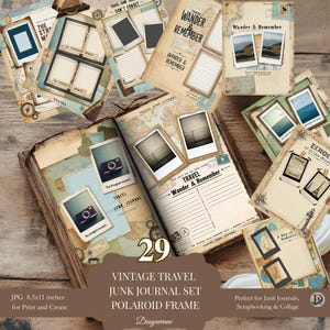 Reisjournaalpagina's met polaroidframes | Vintage reisephemeraset | Afdrukbaar plakboekpakket om het geheugen bij te houden