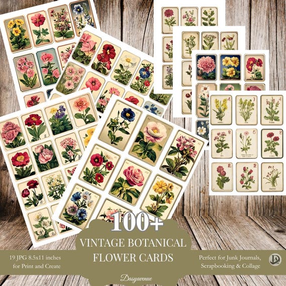 Vintage Flower Ephemera Printable, Botanical Cards for Junk Journals, Scrapbooking Supplies, Collage Sheets, Instant Download