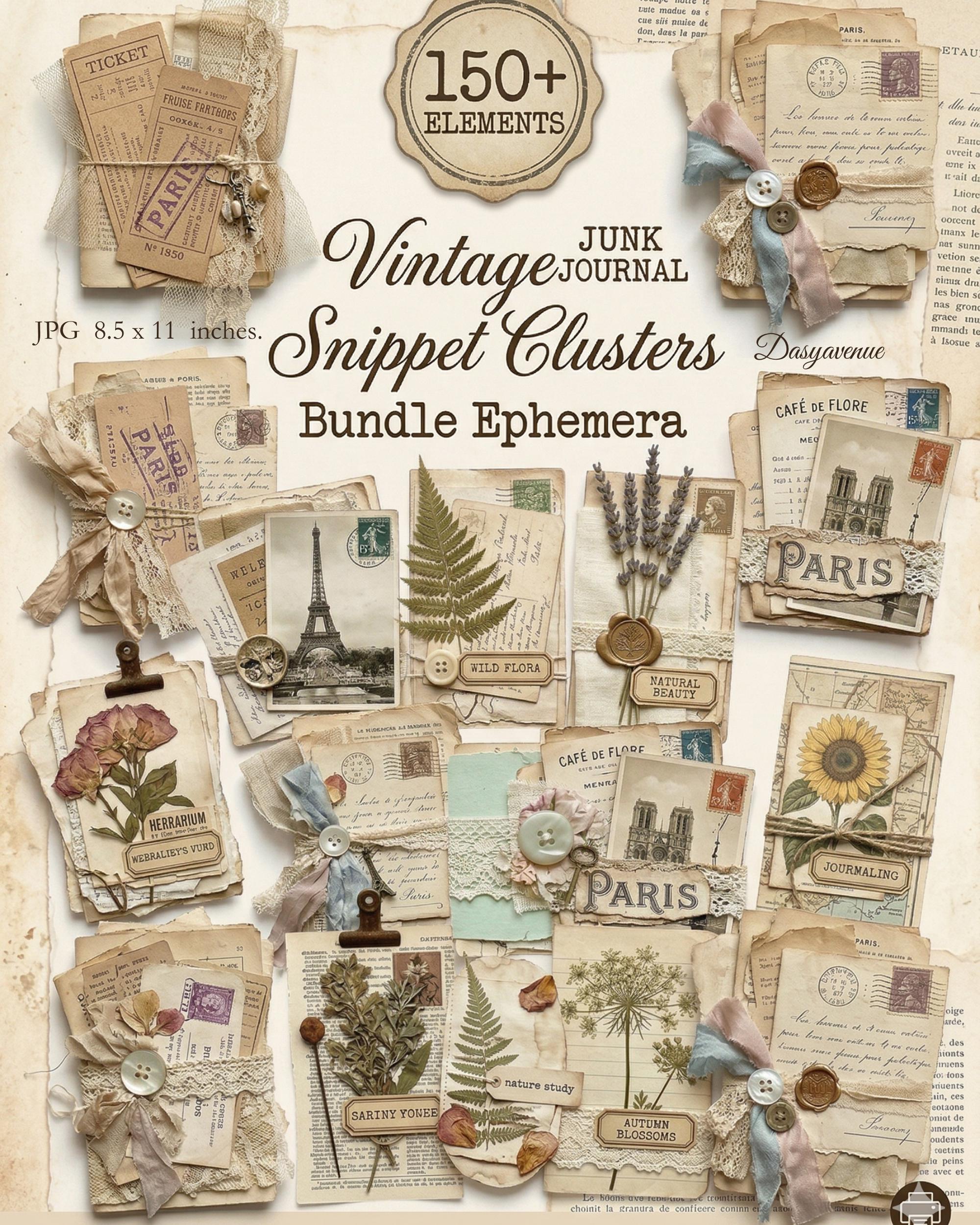 Vintage Junk Journal Snippet Clusters Bundle, Shabby Chic, Paris ...