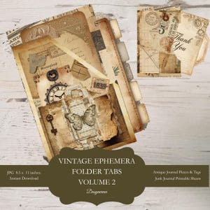 May include: A collection of vintage ephemera folder tabs, Volume 2, with antique journal pieces and tags. The design features aged paper, a clock, a key, and a butterfly. The image includes the text "Thank You" and "1839". The size is 8.5 x 11 inches.
