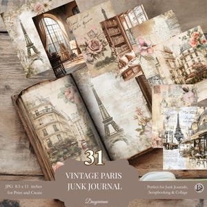 Vintage Paris Junk Journal Set | 31 Druckbare Ephemera Seiten | Eiffelturm, Rosen, französisches Collagen-Papier für Scrapbooking & Art