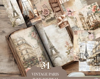 Vintage Paris Junk Journal Set | 31 Printable Ephemera Pages | Eiffel Tower, Roses, French Collage Paper for Scrapbooking & Art