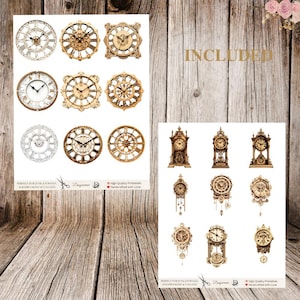 May include: A set of 15 printable images of antique clocks in gold and silver tones. The images are perfect for scrapbooking, journaling, and collage projects.  The text "INCLUDED" is at the top of the image.