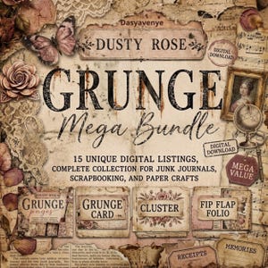 Könnte beinhalten: Ein digitales Download-Paket mit dem Titel Dusty Rose Grunge Mega Bundle mit Grafiken im Vintage-Stil, darunter ein Schmetterling, eine Rose, ein Globus und Notenblätter. Der Text lautet 15 unique digital listings, complete collection for junk journals.