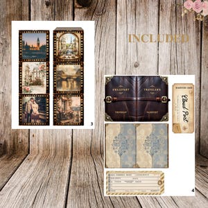 May include: A selection of vintage travel-themed ephemera. It features a leather passport cover, boarding pass, journal pages, and six decorative cards with European city scenes and film strip borders. The word "INCLUDED" is visible.