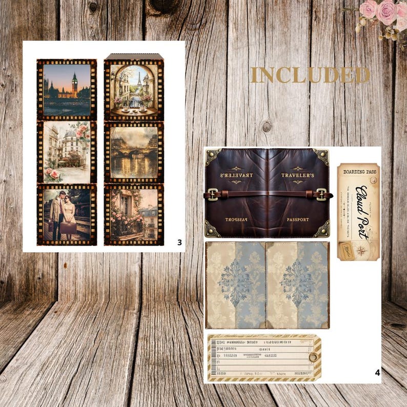 May include: A selection of vintage travel-themed ephemera. It features a leather passport cover, boarding pass, journal pages, and six decorative cards with European city scenes and film strip borders. The word "INCLUDED" is visible.