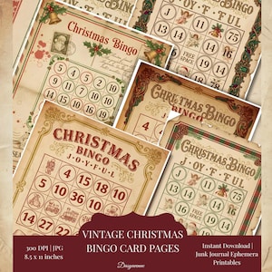 Vintage-Weihnachtsbingo-Karten | Retro-Weihnachtsdeko & Hintergründe für Junk Journal, Scrapbooking, Collagen und Vintage-Weihnachtsbastelarbeiten