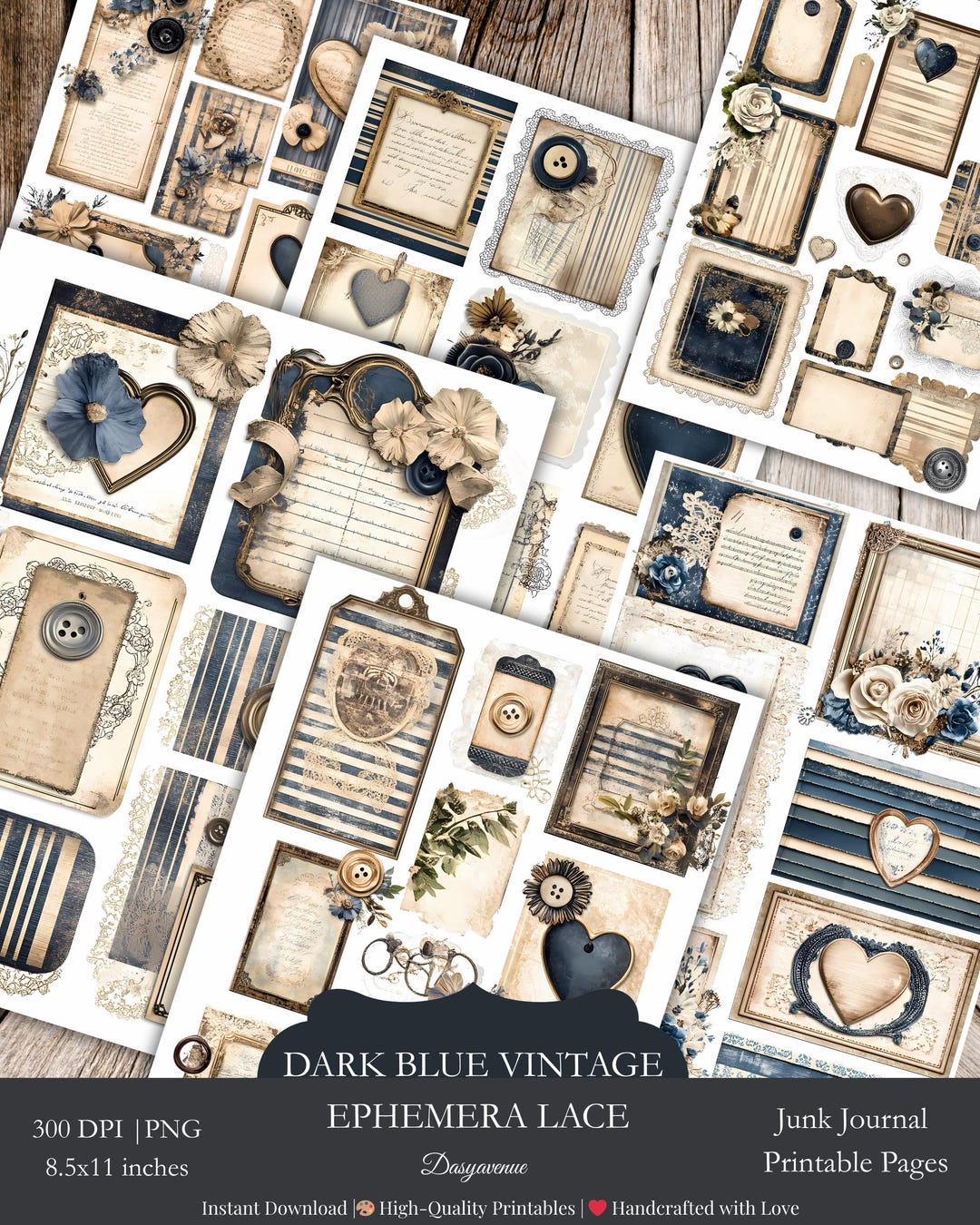Dark Blue Ephemera Lace Junk Journal Kit, Vintage Printable Ephemera ...