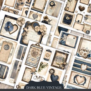 Kit de diario basura con encaje efímero azul oscuro, efímeras vintage imprimibles, materiales para scrapbooking, marcos antiguos y etiquetas de corazón, descarga instantánea