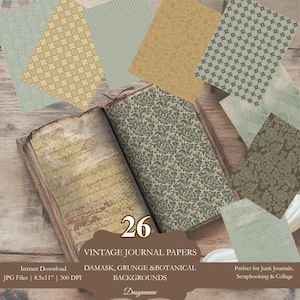 Puede incluir: Un libro vintage abierto con páginas envejecidas y un estampado floral verde. Alrededor del libro hay varios papeles estampados en tonos verdes, dorados y marrones. La imagen incluye el texto "26 Vintage Journal Papers".