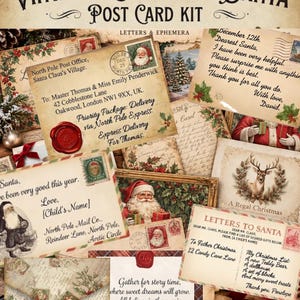 May include: A Vintage Letters to Santa Post Card Kit featuring various stationery items with Christmas themes. The collection includes envelopes, postcards, and letters with illustrations of Santa, reindeer, holly, and red wax seals on aged paper.