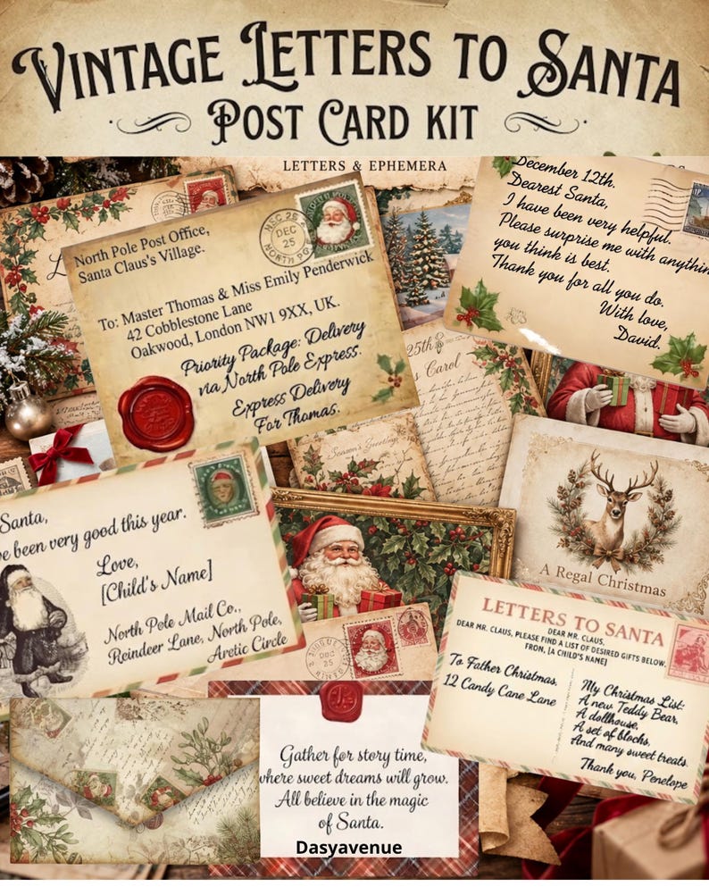 May include: A Vintage Letters to Santa Post Card Kit featuring various stationery items with Christmas themes. The collection includes envelopes, postcards, and letters with illustrations of Santa, reindeer, holly, and red wax seals on aged paper.