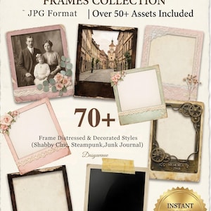 Może przedstawiać: Kolekcja vintage ramek Polaroid w różnych stylach, w tym Shabby Chic i Steampunk. Obraz przedstawia ramki z postarzanymi krawędziami, kwiatowymi akcentami i tekstem "COMPLETE VINTAGE POLAROID FRAMES COLLECTION". Zawiera ponad 70 elementów do natychmiastowego pobrania cyfrowego.