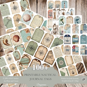 100+ Maritime Junk Journal Tags | Druckbares Ozean Ephemera Kit | 21 JPG Vintage Seiten mit Meeresmotiven | Sofort Download für Junk Journals