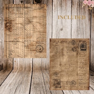 May include: Two vintage-style paper sheets with aged, textured surfaces. One sheet features a grid pattern with handwritten numbers and stamps. The second sheet has handwritten text, stamps, and a postage stamp. The word "INCLUDED" is printed in gold.