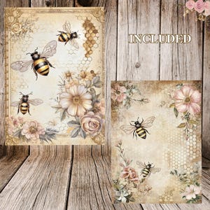 K&ouml;nnte beinhalten: Ein digitaler Druckbogen mit Vintage-&Auml;sthetik mit Bienen und Blumen. Der Bogen hat ein Wabenmuster und der Text "INCLUDED" ist auf der rechten Seite des Bildes gedruckt.