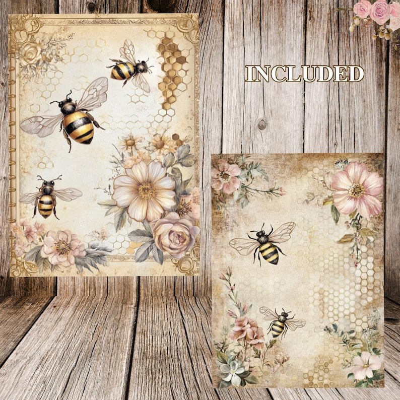 K&ouml;nnte beinhalten: Ein digitaler Druckbogen mit Vintage-&Auml;sthetik mit Bienen und Blumen. Der Bogen hat ein Wabenmuster und der Text "INCLUDED" ist auf der rechten Seite des Bildes gedruckt.