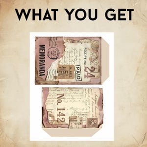 May include: Two rectangular envelopes featuring a vintage collage design with the text WHAT YOU GET at the top. The envelopes display layered paper elements, including a London postmark, a receipt, a ticket, and handwritten script in sepia tones.