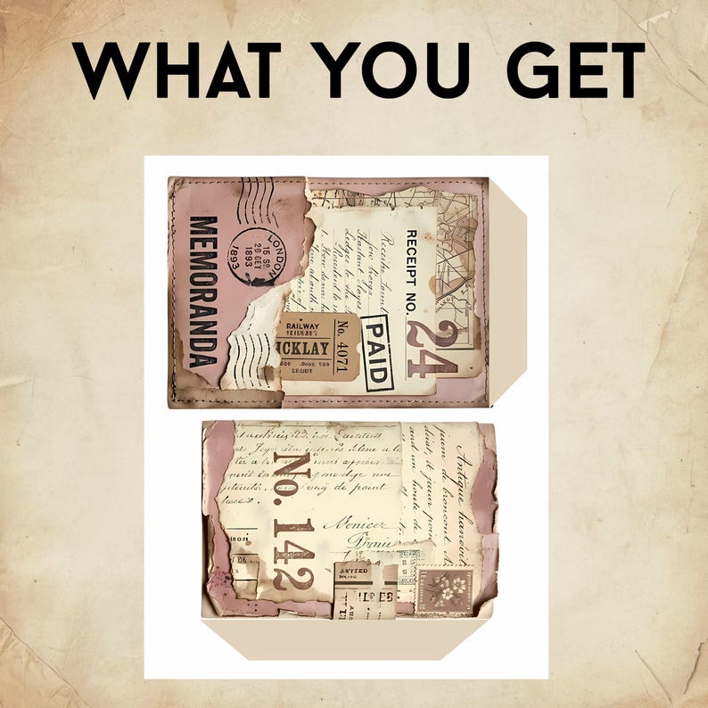 May include: Two rectangular envelopes featuring a vintage collage design with the text WHAT YOU GET at the top. The envelopes display layered paper elements, including a London postmark, a receipt, a ticket, and handwritten script in sepia tones.