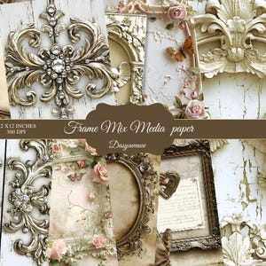 Papier numérique à cadre vintage | arrière-plans baroques shabby chic | Papier de scrapbooking technique mixte antique pour journaux indésirables et fabrication de cartes