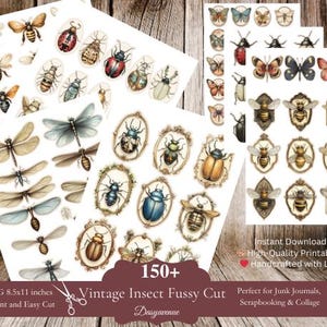 Vintage insecten kieskeurig gesneden ephemera - 150+ afdrukbare insectenstickers, vlinder, kever, libel voor junk Journal, scrapbooking, collage,