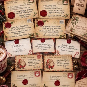 May include: A collection of vintage-style Christmas envelopes and cards featuring North Pole Post Office branding, red wax seals, Santa Claus illustrations, and handwritten-style text addressed to various recipients with holiday greetings and festive motifs.