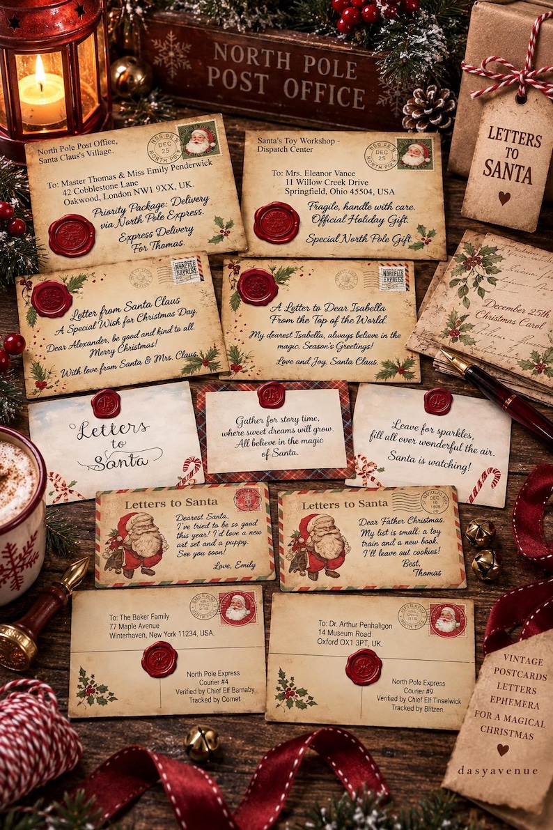 May include: A collection of vintage-style Christmas envelopes and cards featuring North Pole Post Office branding, red wax seals, Santa Claus illustrations, and handwritten-style text addressed to various recipients with holiday greetings and festive motifs.