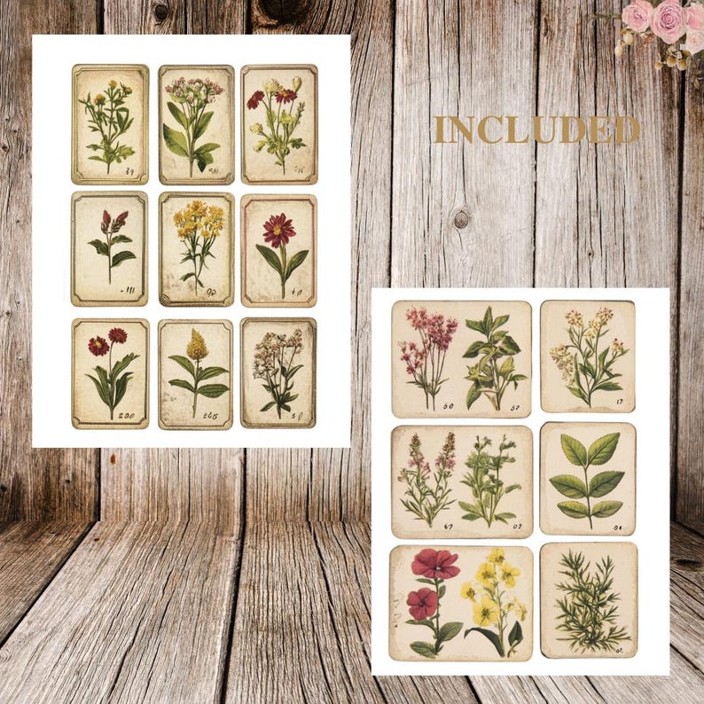 May include: A set of 12 vintage botanical illustrations featuring various flowers and plants. The illustrations are in a cream color with brown outlines and are arranged in a grid pattern. The word "INCLUDED" is written in gold lettering on a wooden background.