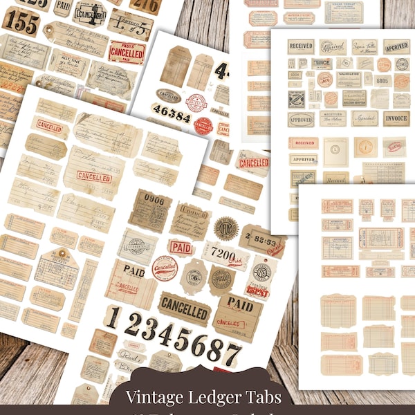Vintage Ledger Snippets, Tabs & Ephemera Labels |  Antique Paper Numbers, Tags | Junk Journal Ephemera Set | Collage  Scrapbook Printable