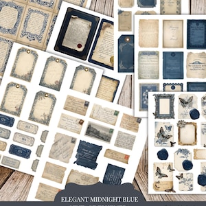 May include: A selection of printable vintage ephemera in elegant midnight blue. The image showcases tags, frames, and journal cards with floral and butterfly designs. The text on the image reads "Elegant Midnight Blue Vintage Ephemera" and "Printable Junk Journal Collections."