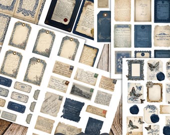 May include: A collection of printable vintage ephemera in elegant midnight blue. The image features various designs, including tags, frames, and journal cards with floral and butterfly accents. The text on the image reads "Elegant Midnight Blue Vintage Ephemera" and "Printable Junk Journal Collections."