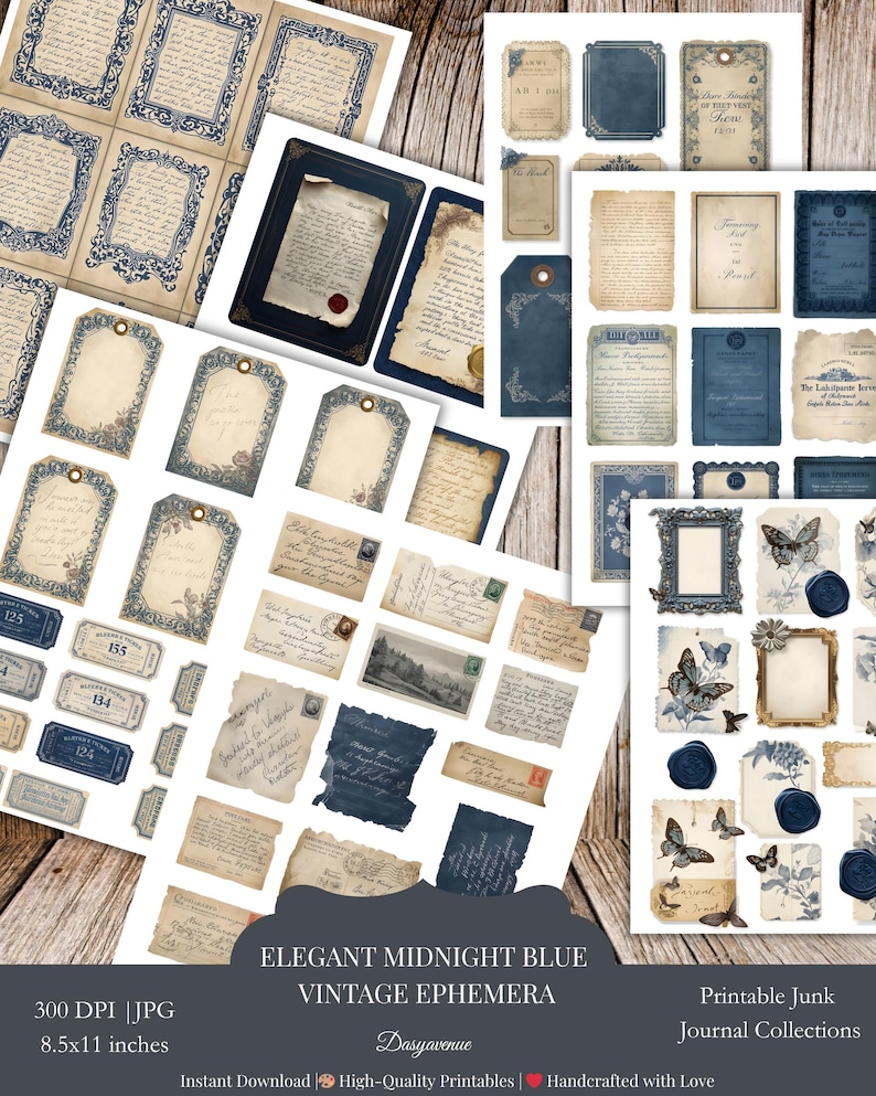 May include: A selection of printable vintage ephemera in elegant midnight blue. The image showcases tags, frames, and journal cards with floral and butterfly designs. The text on the image reads "Elegant Midnight Blue Vintage Ephemera" and "Printable Junk Journal Collections."