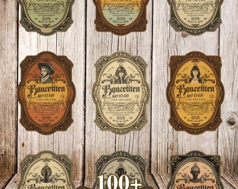 Spooky Vintage Potion Labels | Printable Halloween Apothecary Stickers | Witchcraft Botanical Ephemera for Junk Journals & Scrapbooking